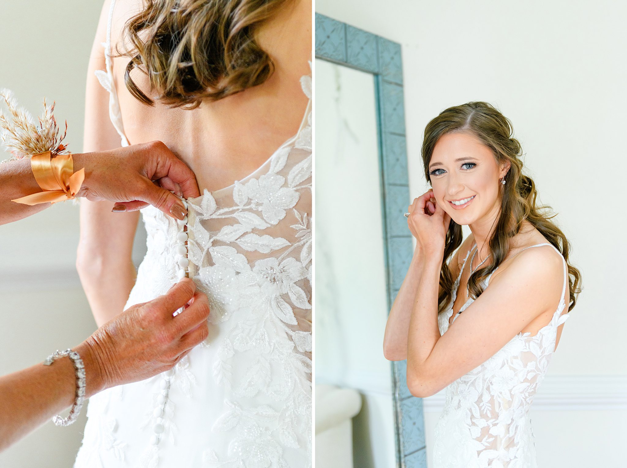Bride getting ready with her mom and smiling 