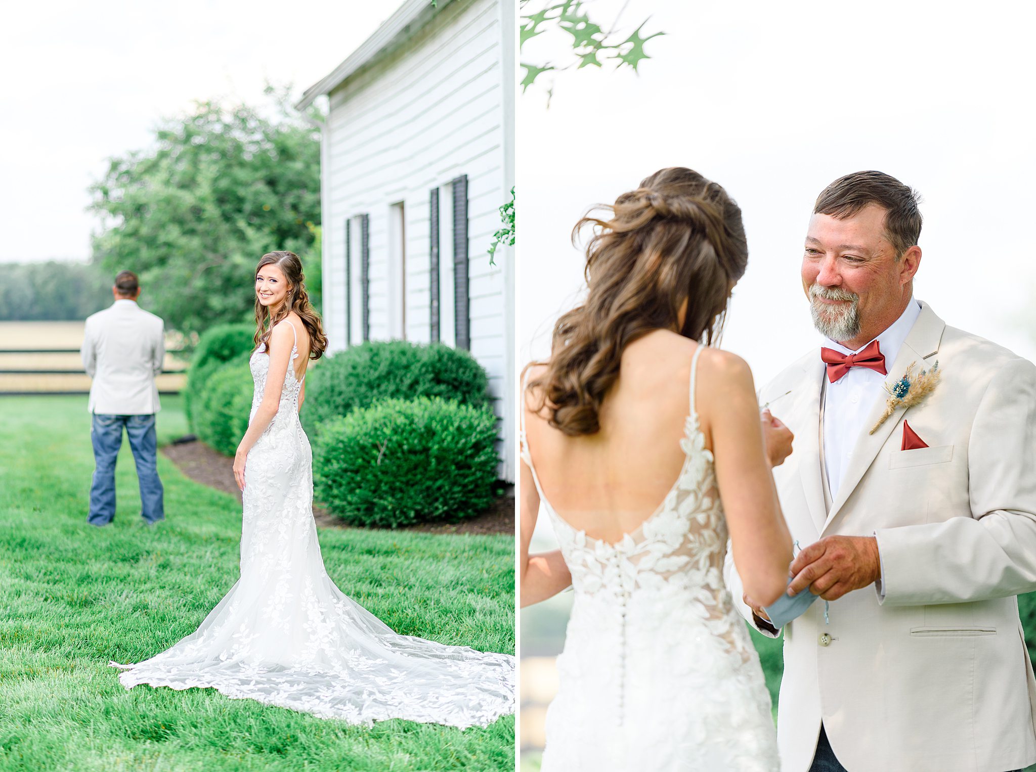 Emotional first look between bride and her dad outside the bridal suite 