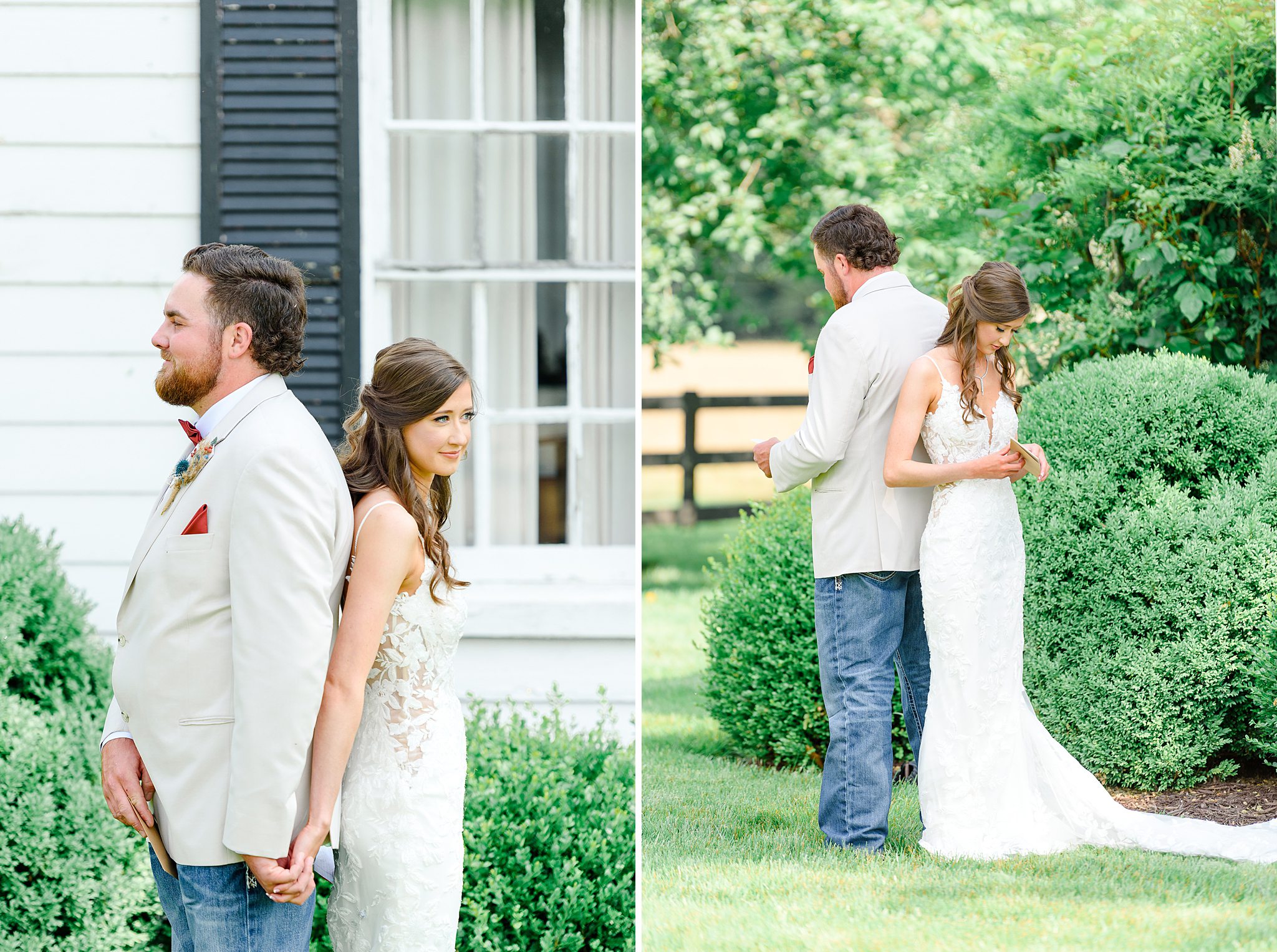 Bride and groom holding hands for their no-peek first touch
