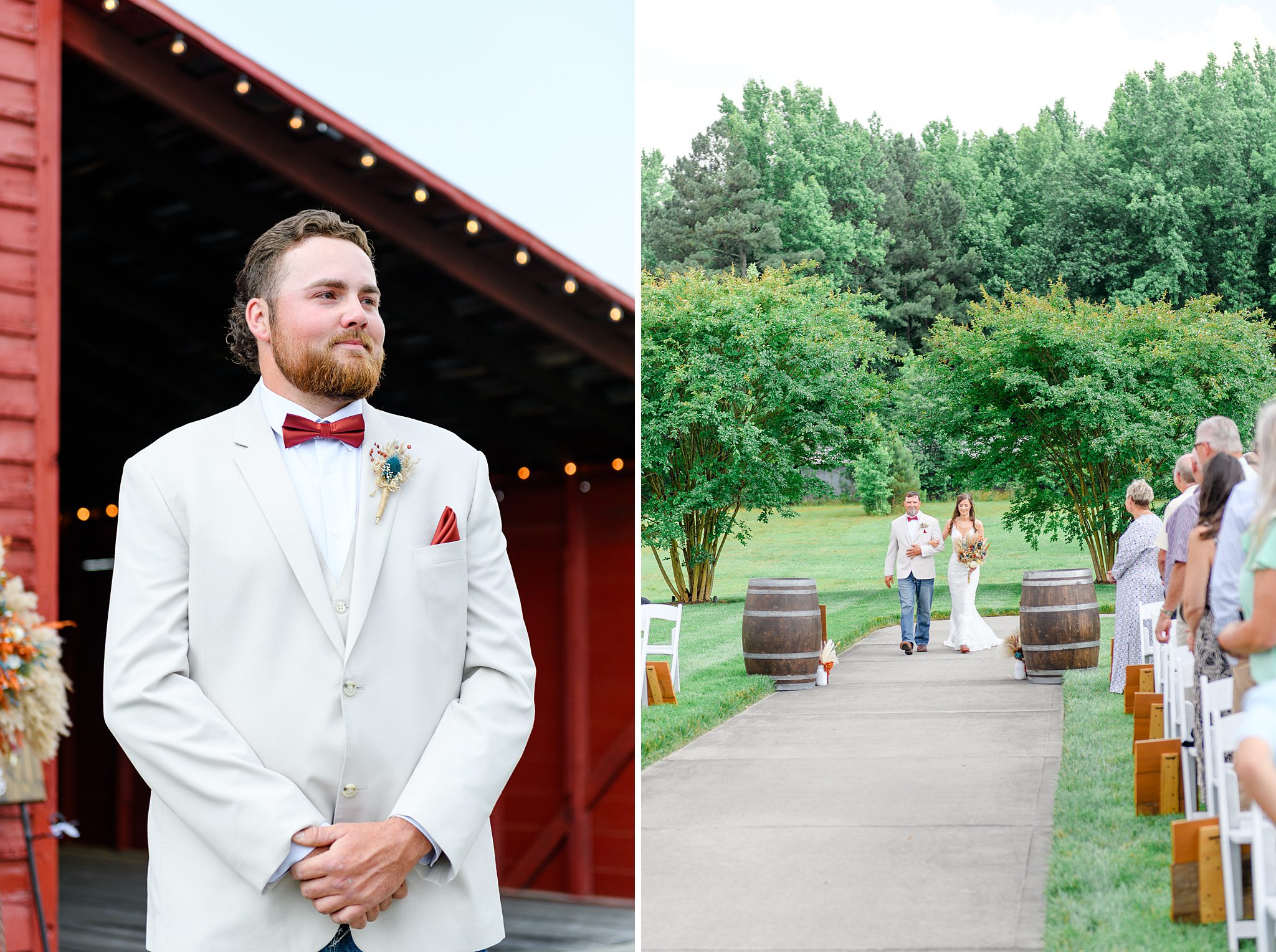 Bride walking down the aisle, holding her dad’s arm tightly