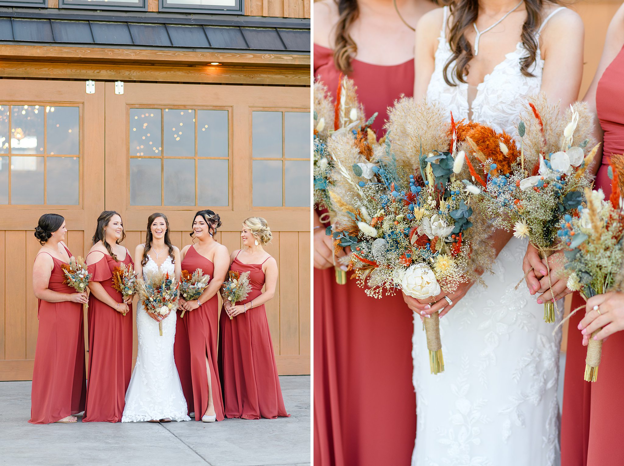burgundy bridesmaids dresses with boho bouquets
