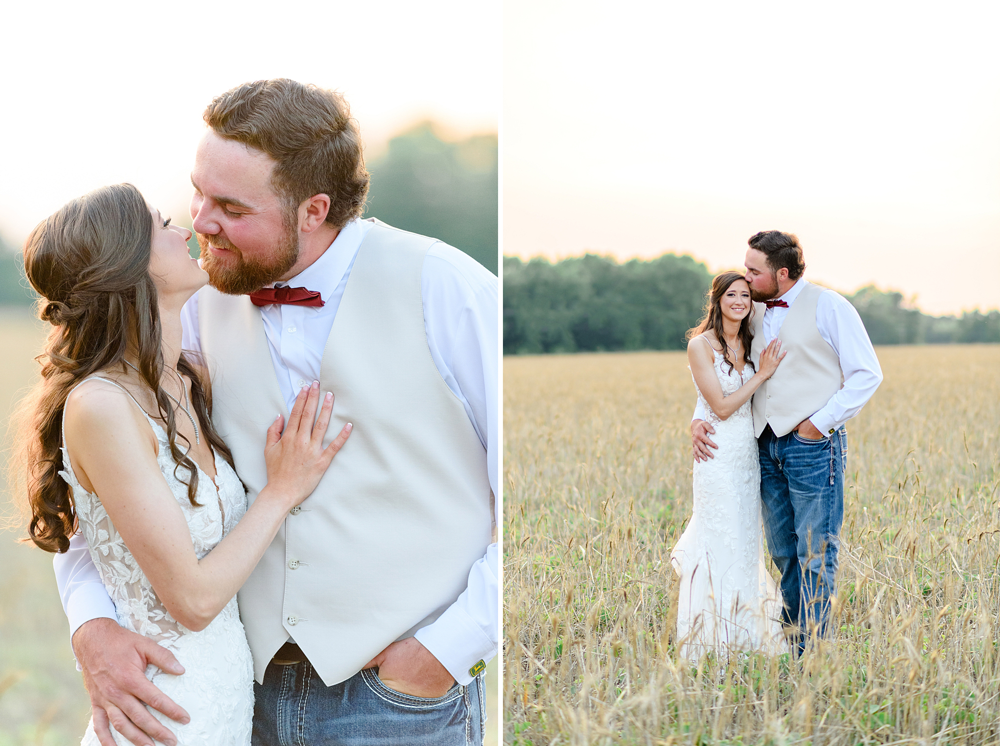 newlyweds kissing in the field during golden hour