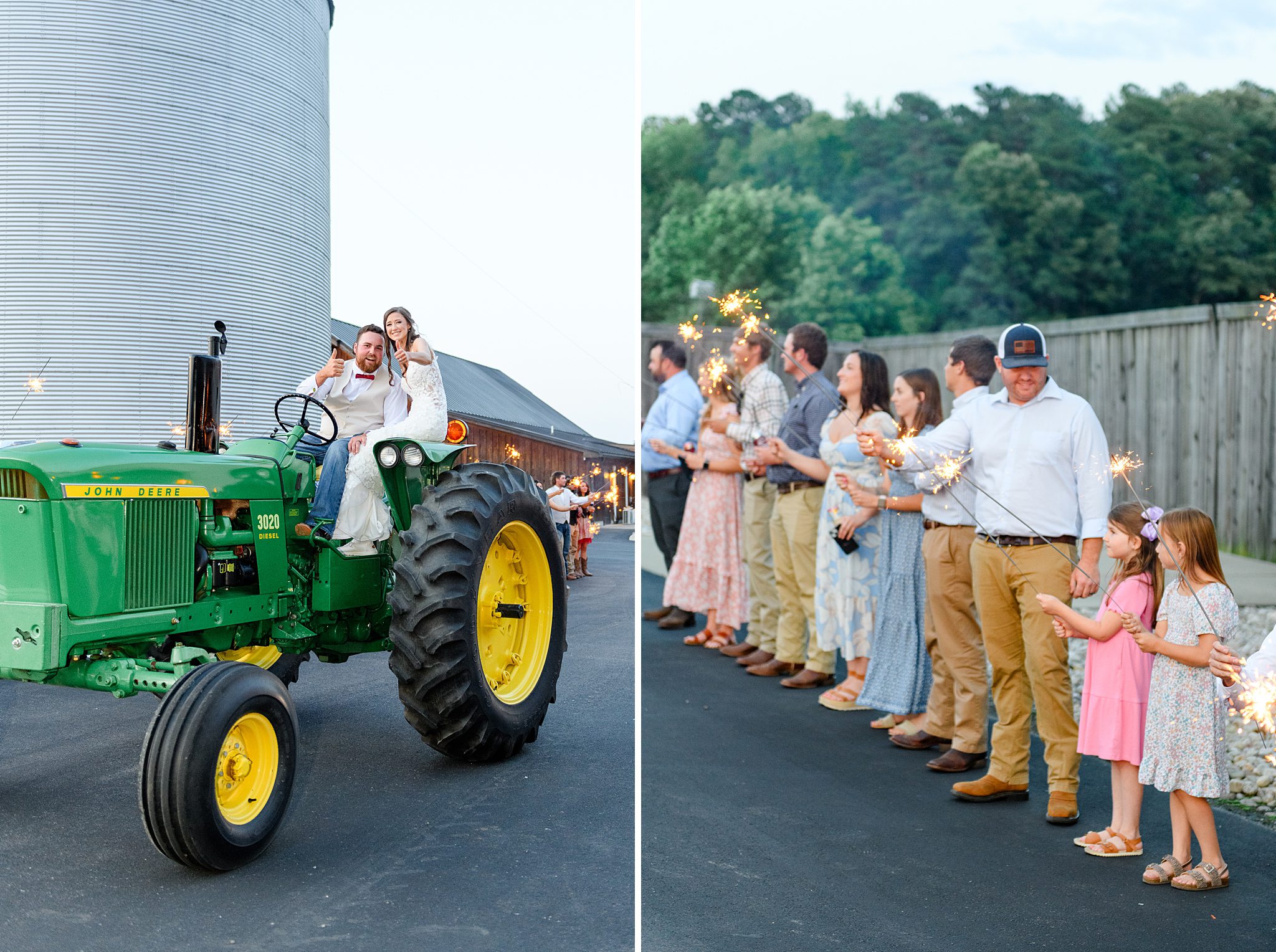 couple laughing together on the back of a tractor during their sparkler exit