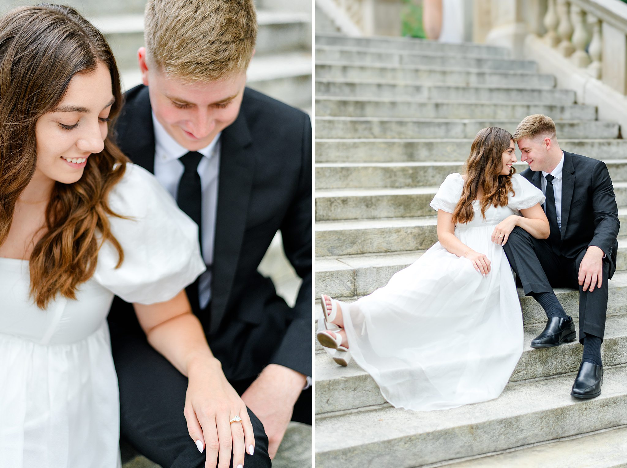 Bride-to-be showing off engagement ring during downtown photo session