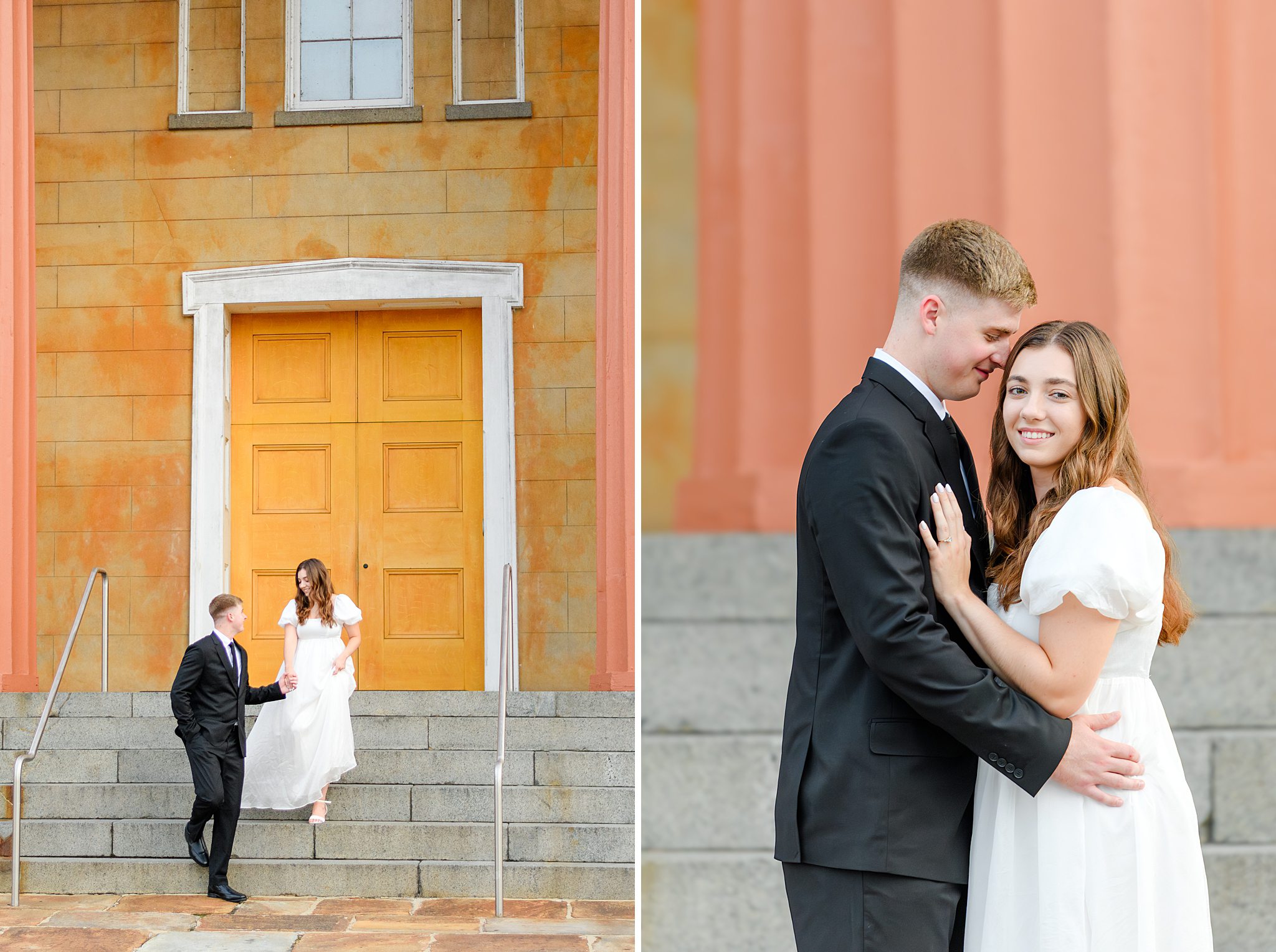 Sweethearts walking hand-in-hand at a downtown Virginia engagement photo location