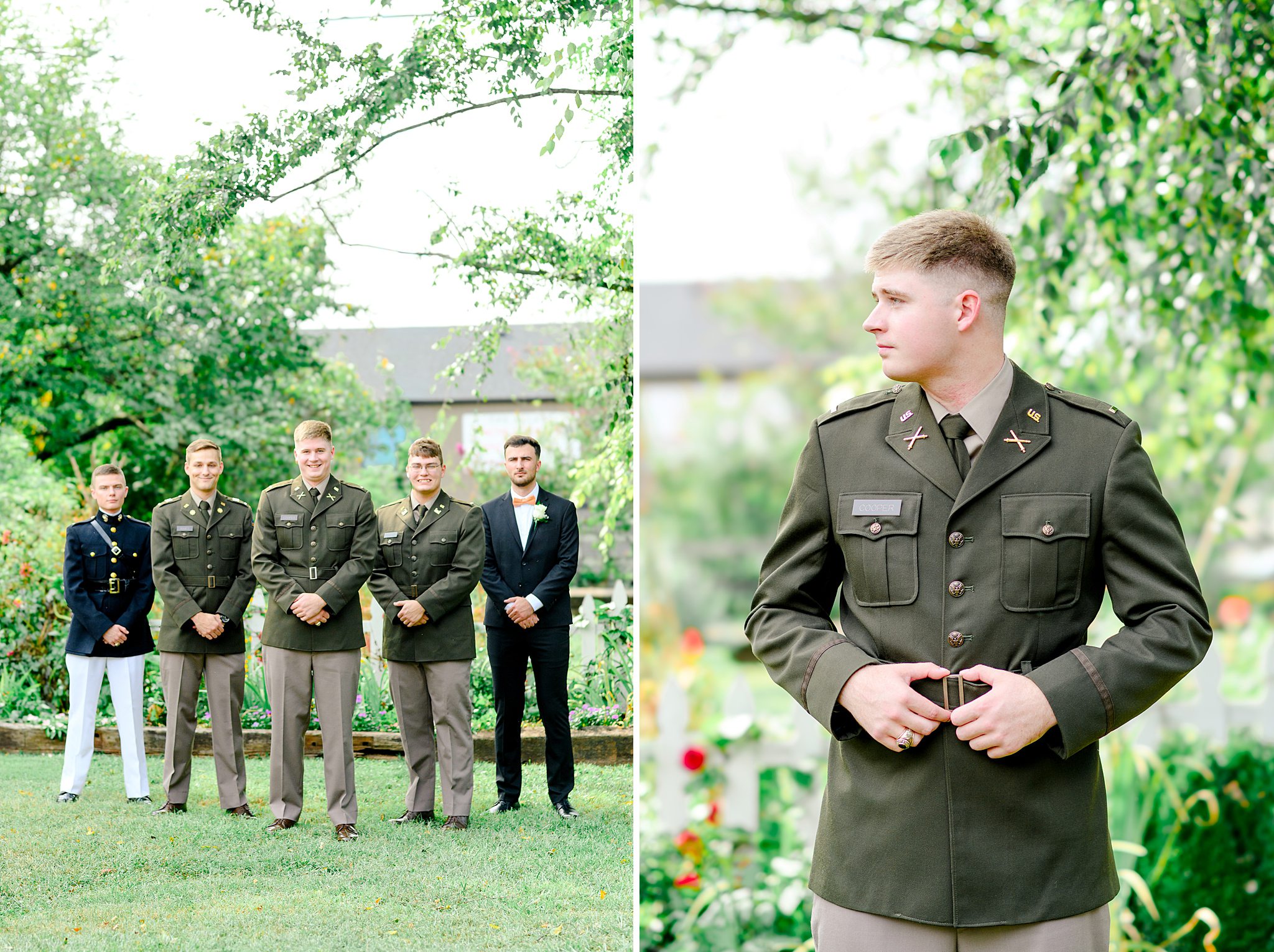 Groomsmen in military suits posing in the gardens