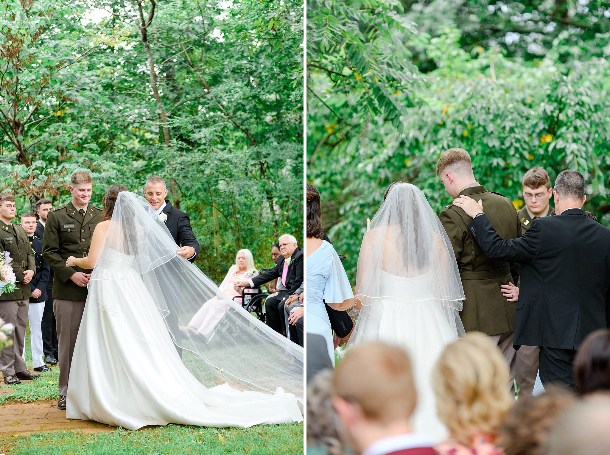 families praying over couple at garden wedding