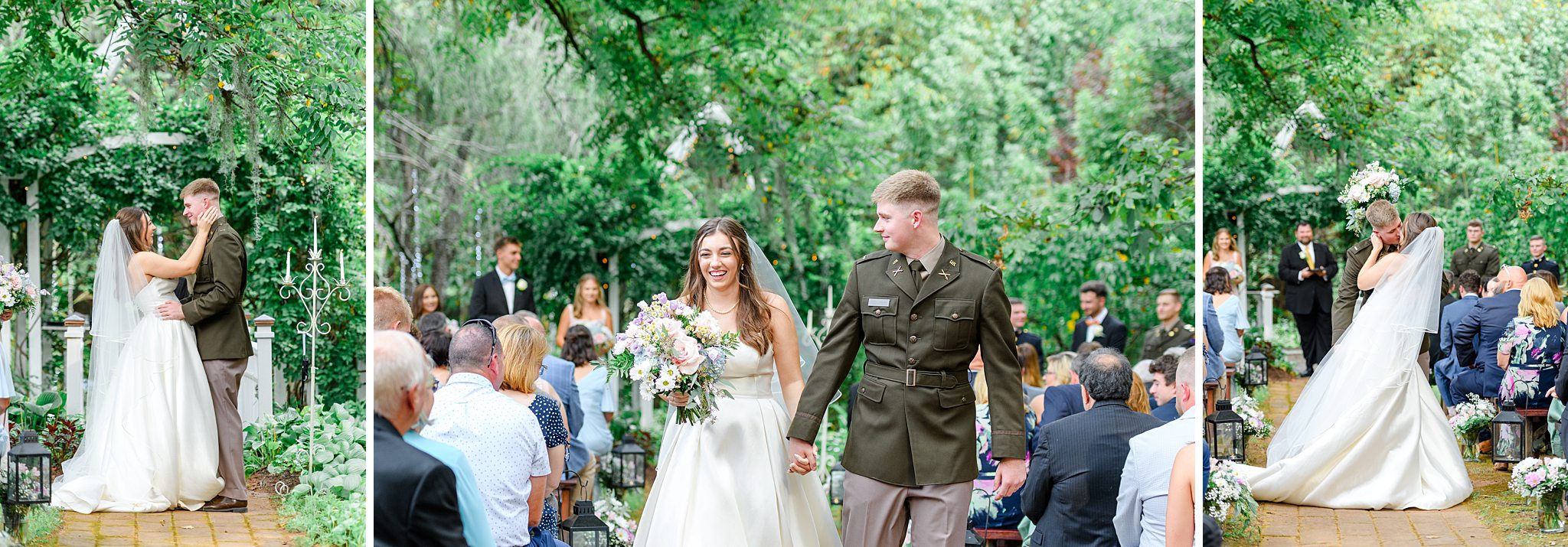 Just married couple walking back up the aisle with smiles for garden wedding inspiration at Glencliff Manor in Rustburg VA