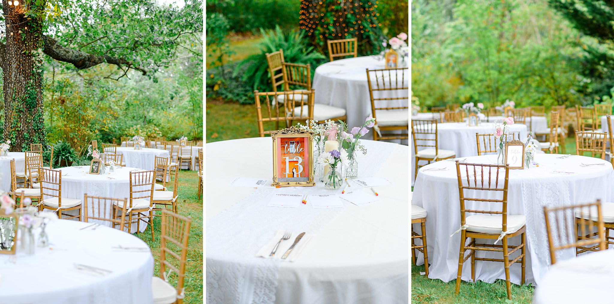 Outdoor reception tables decorated with florals and candles for garden wedding inspiration at Glencliff Manor in Rustburg VA