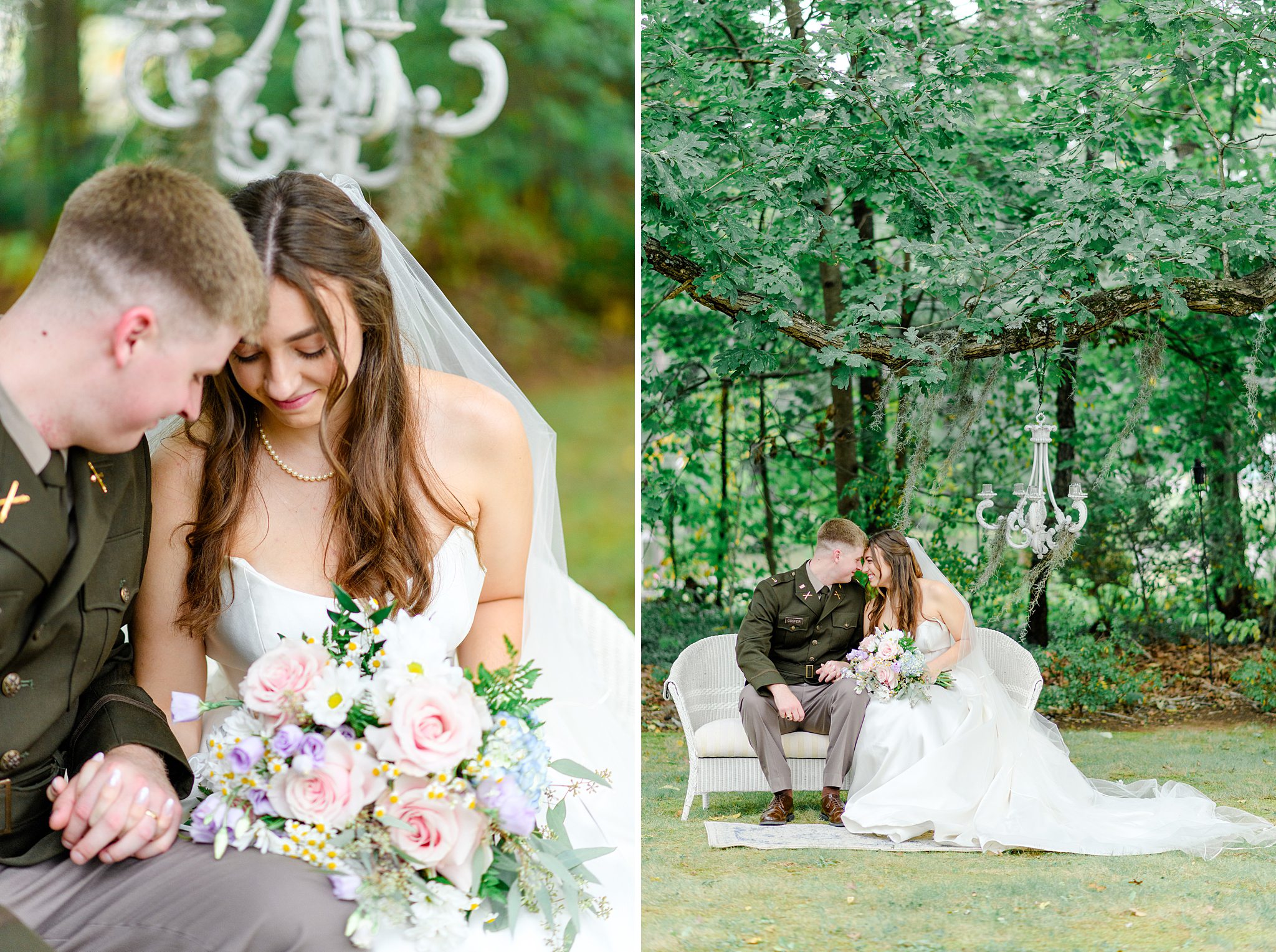 Newlyweds taking pictures on white couch at garden themed wedding