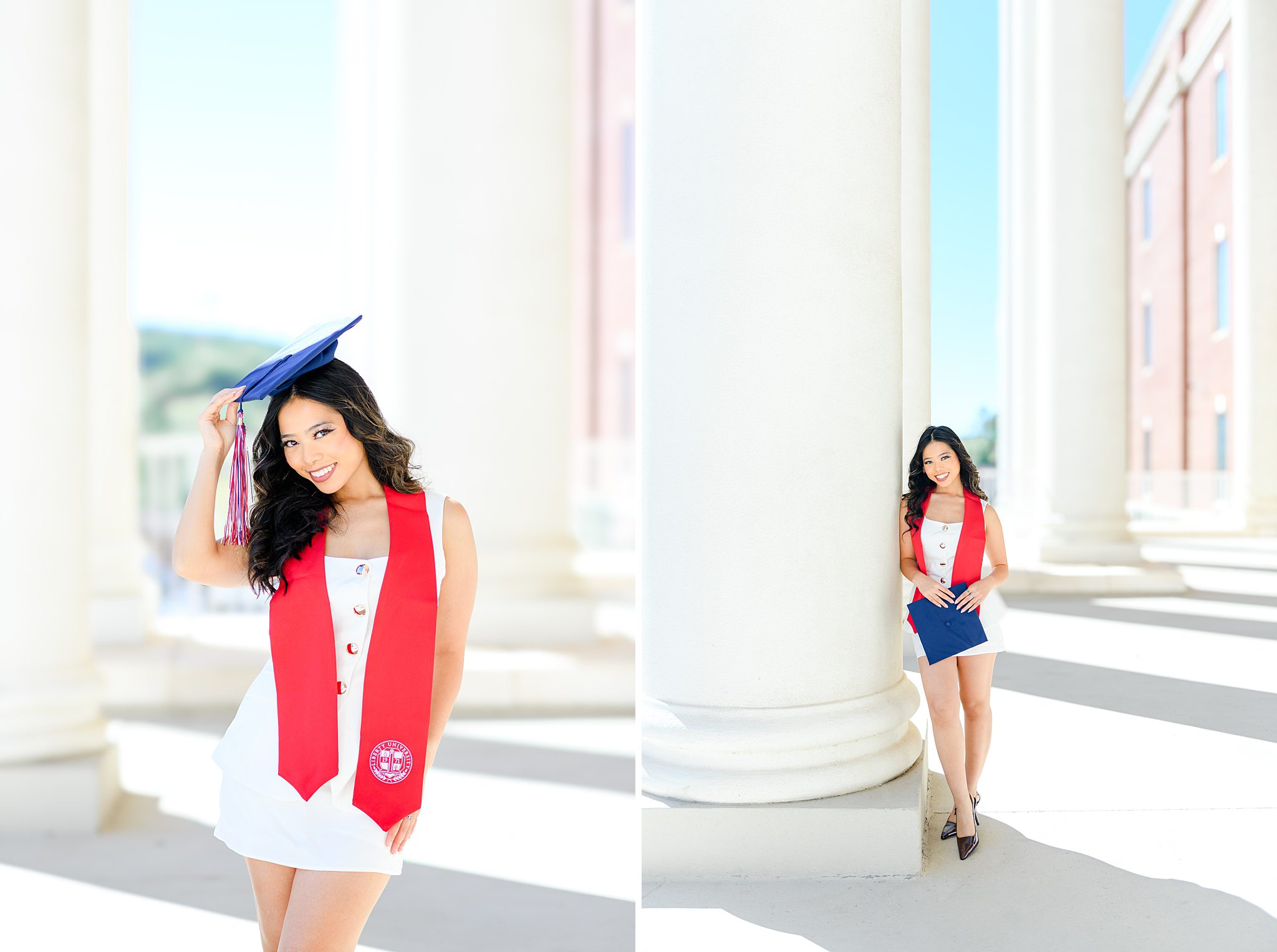 Graduate in cap and gown posing in front of DeMoss Hall at Liberty University
