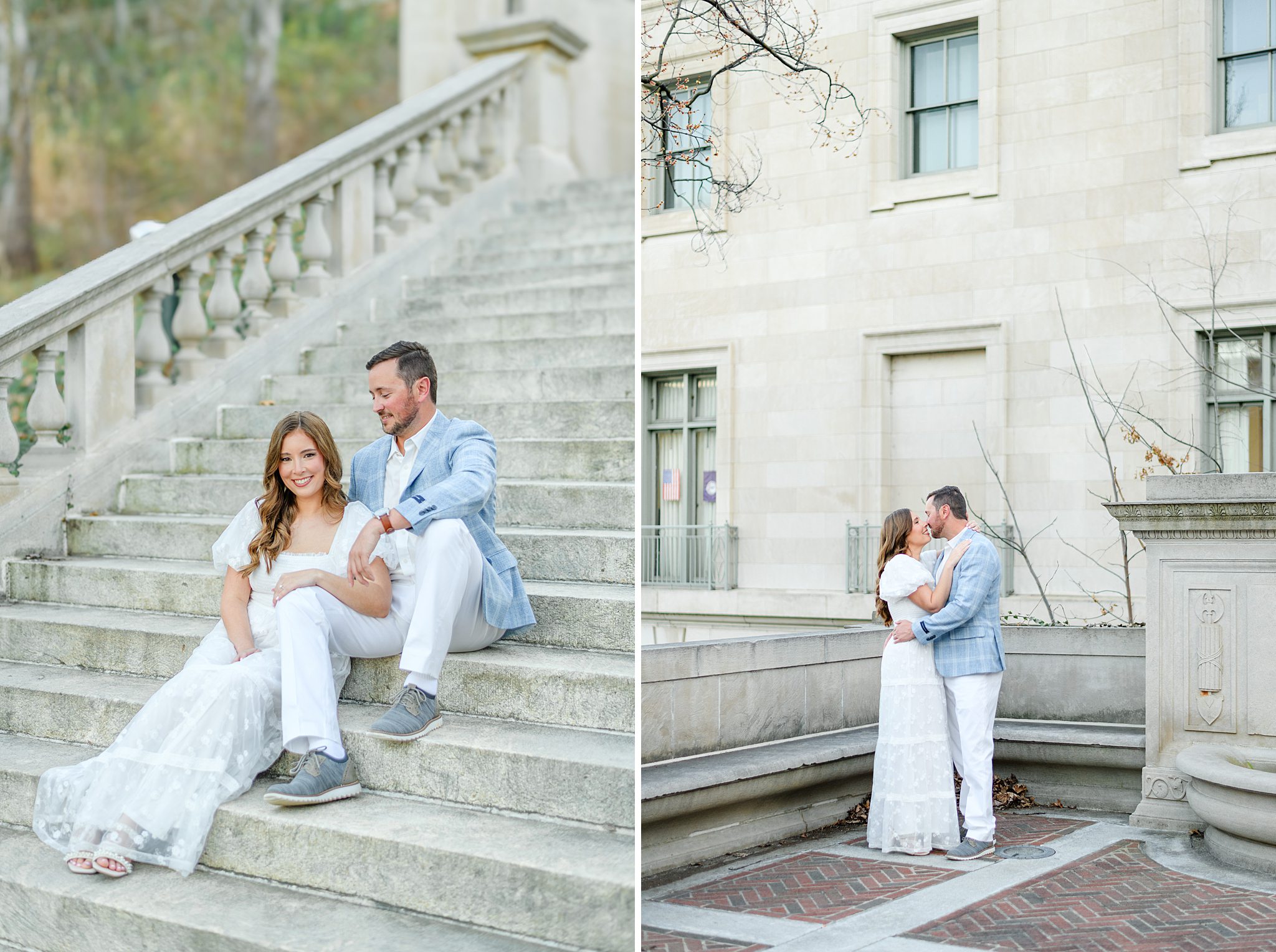 Romantic engagement photos with city backdrop during downtown engagement pictures