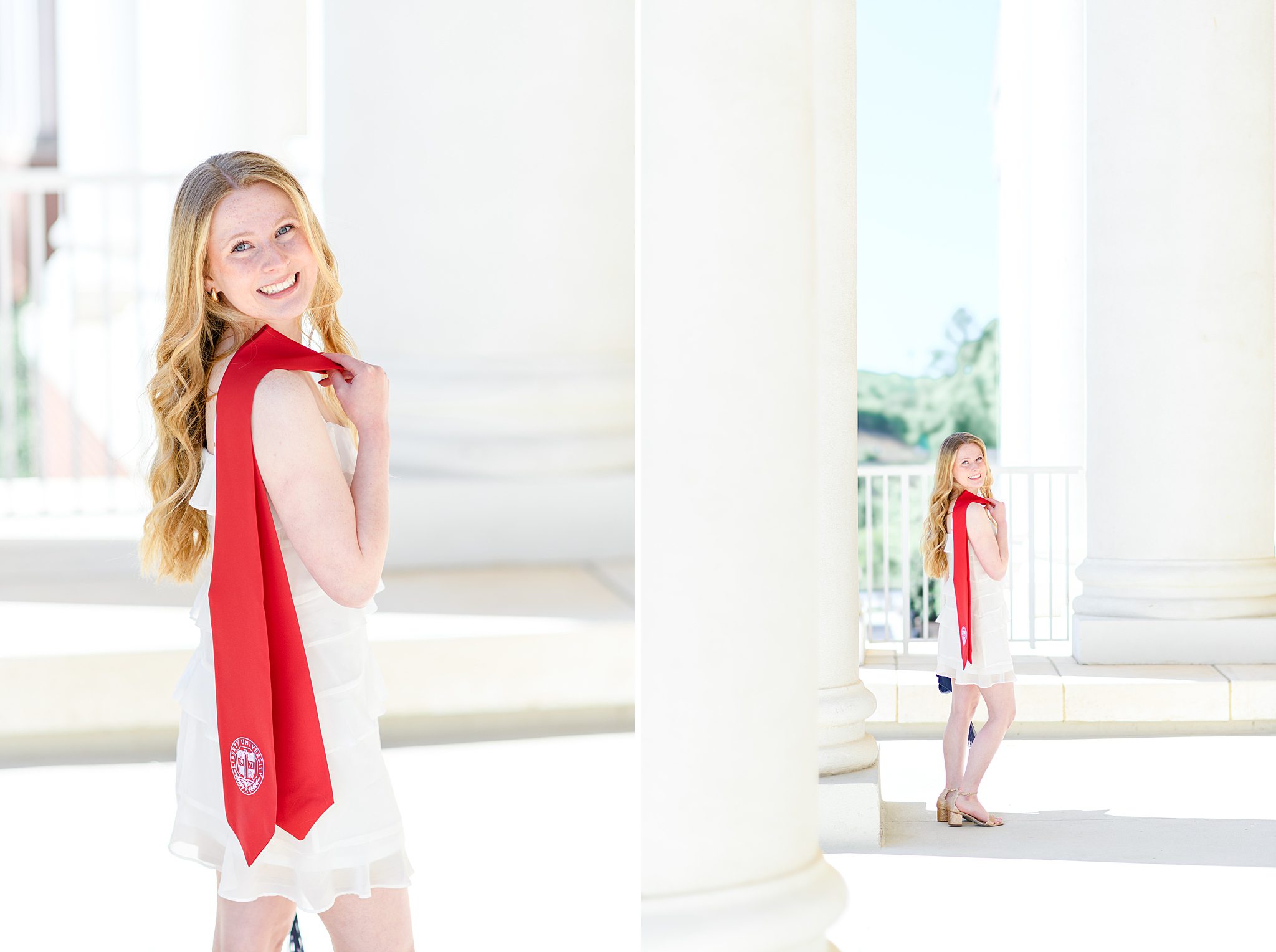 white dress and stole for graduation pictures