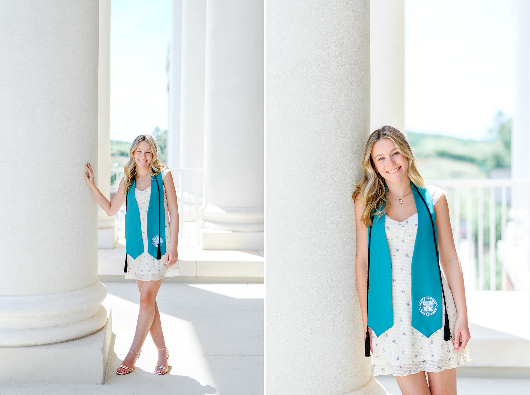 Graduate portrait of Hannah in front of the columns at Liberty University