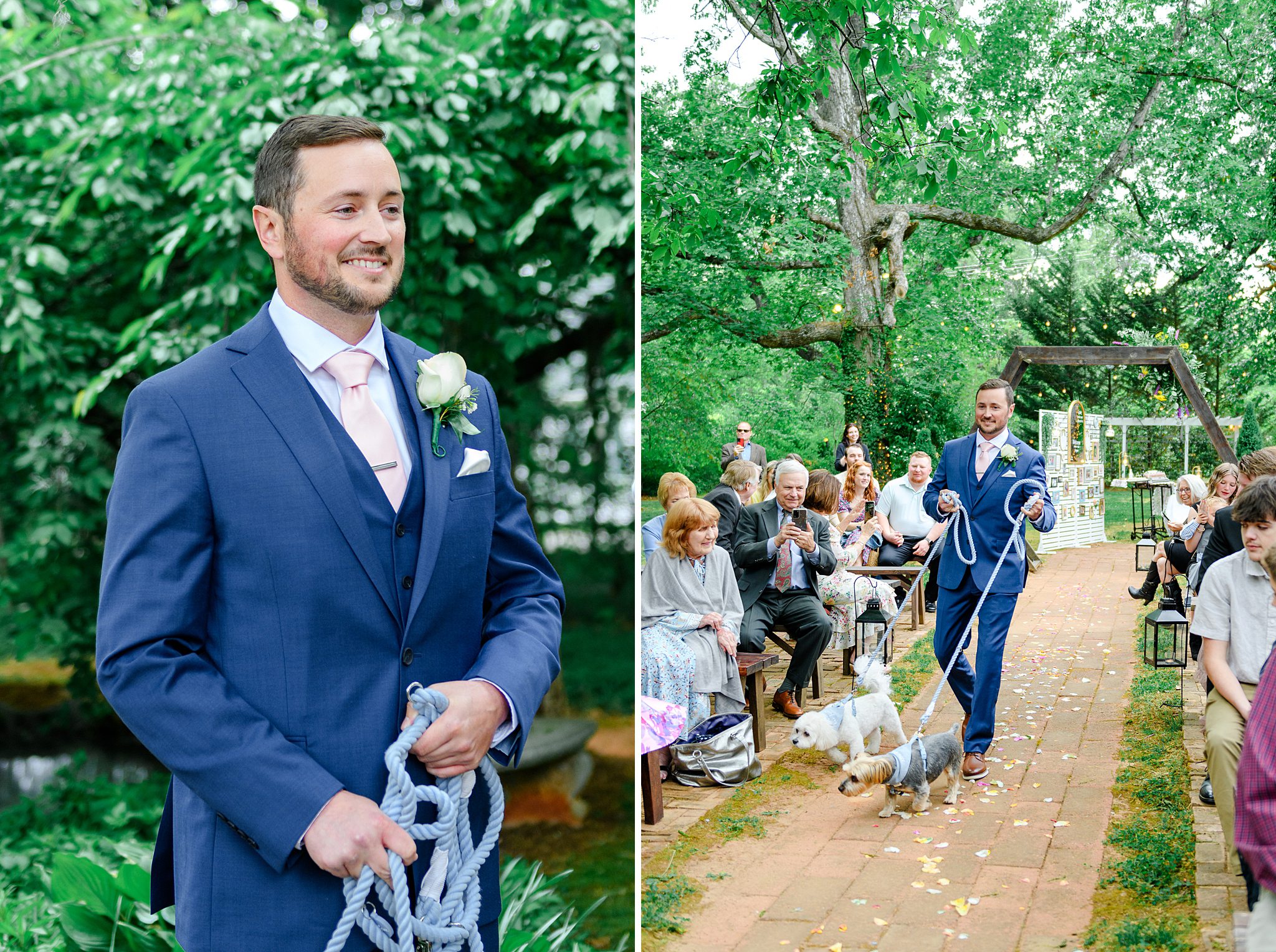 groom walking down the aisle with his dogs
