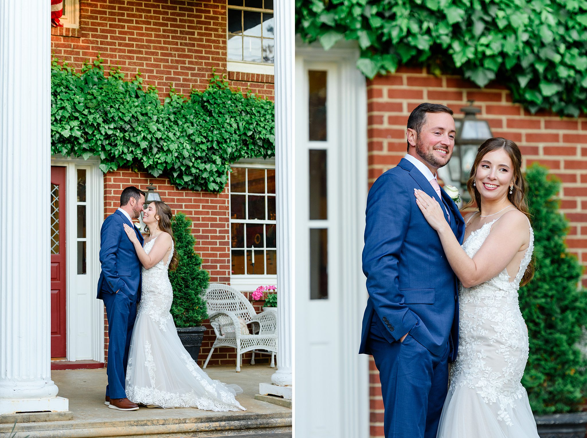 married couple posing for photos in front of old mansion