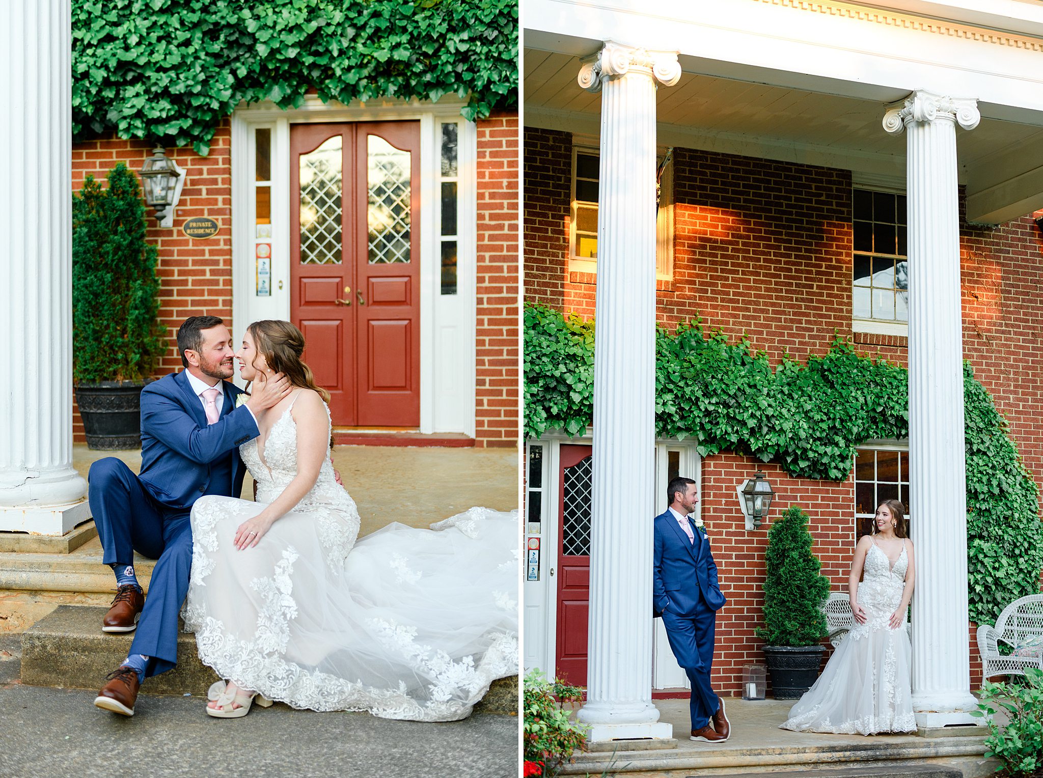 couple taking wedding pictures in front of old mansion