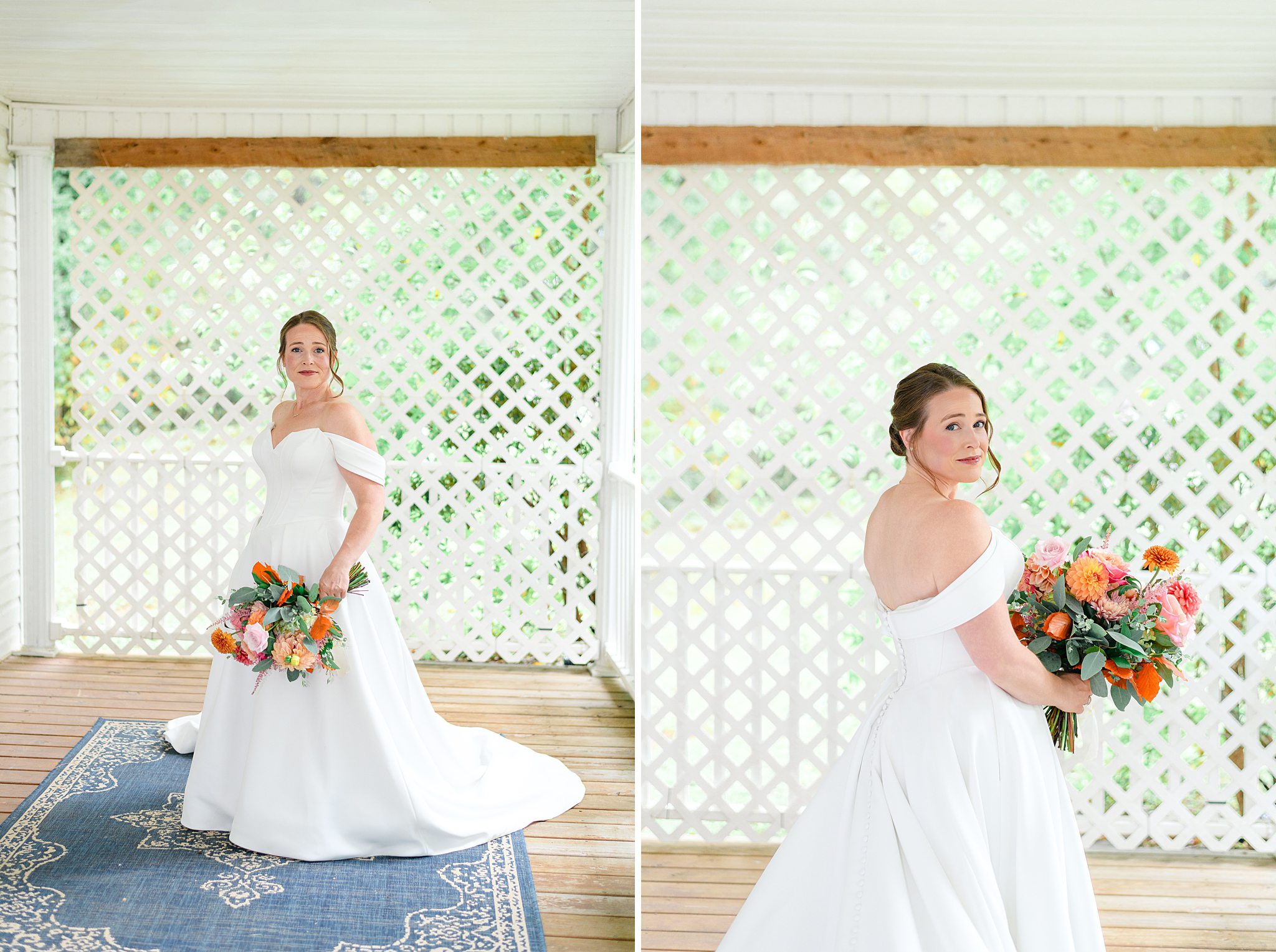 bride taking photos under covered white porch