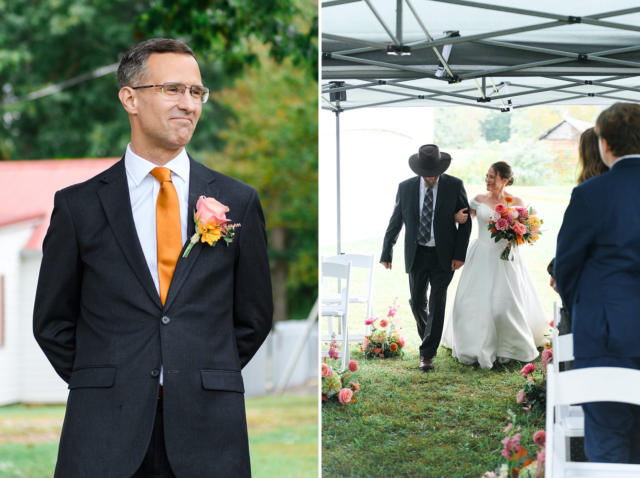 bride walking down the aisle in the rain